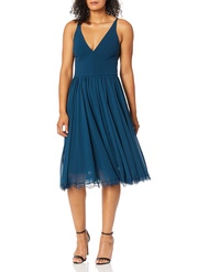 Women's Alicia Plunging Mix Media Sleeveless Fit and Flare Midi Dress