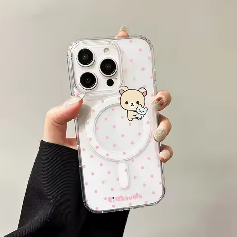 Cute R-Rilakkuma Pink Polka Dots For Magsafe Magnetic Phone Case For iPhone 17 Air 16e 16 Pro Max 15