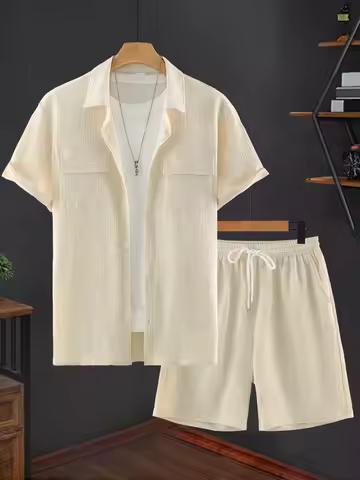 Men's Light Mature Style Textured Short Sleeve Shirt & Shorts 2-Piece Set, Loose Casual Summer Outfi