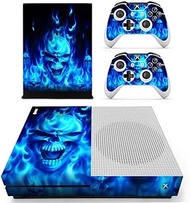 SKINOWN Skin Sticker for Microsoft Xbox One S Slim Console and 2 Controller (Blue Fire Flame Skull)