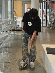 Retro อเมริกัน DENIM กางเกงยีนส์ขากว้างพิมพ์ Hip Hop กางเกงหลวมๆตรงตัดอินเทรนด์ยี่ห้อ Rapper หลวม Le