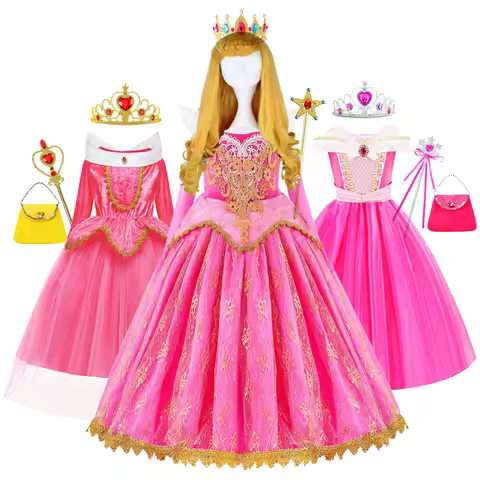 Girls Sleeping Beauty Cosplay Dress Long Sleeve Off Shoulder Kids Christmas Party Princess Clothing 