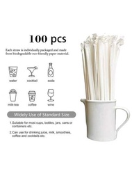 100入組單獨包裝紙質飲料吸管，攪拌棒，吸飲管，適用於咖啡、雞尾酒奶茶、椰子吸管及其他飲品