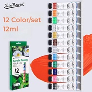 สีชุดสีอะครีลิคโบเวน12มล. 12สีสำหรับเสื้อผ้าผ้าเพ้นท์เล็บแก้วอุปกรณ์ศิลปะกันน้ำ