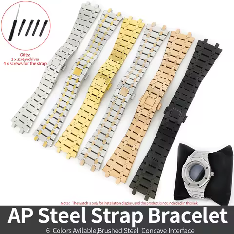 AP Steel Strap Bracelet Brushed Concave Interface End Links Collapsible Buckle Width 26mm Silver/Bla