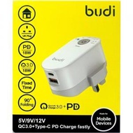budi - Typc-C / USB 充電器配時間掣PD 20W / QC3.0 18W 快速充電器-90°摺疊式英規插頭 AC030TUW