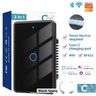 MORE US Model Black Smart Touch Switch 1 Gang 110-240V Type C Wireless Switch Charging Port Timing V