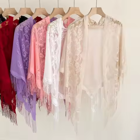 Lace Hollow-Out Cheongsam Shawl Women's Spring/Autumn Thin Triangle Fringe Cape