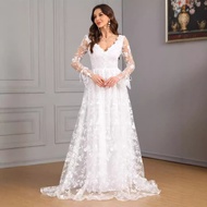 Off-White Civil Wedding Dress Long Sleeve V-Neck Large Lace