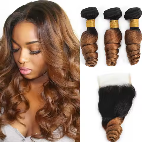 DreamDiana 10A Ombre Human Hair 3 Bundles with Closure T1B/30 Remy 100% Malaysian Hair Loose Weave 3