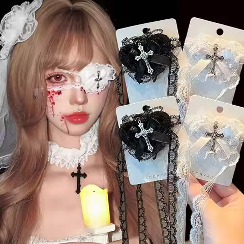 2pcs Gothic Punk Black White Lace Bows Heart Cross Eye Mask Suitable for Christmas Lolita Y2K Sweet 