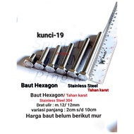 304 Stainless Steel Hexagon Bolt Key 19/ M.12 p.1.75 (Length 2cm to 10cm) 1pcs