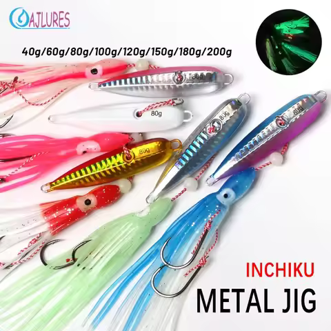 1Pcs Inchiku Jig Lures 40g-200g Slow Metal Jig Luminous Squid Hook Sinking Saltwater Spinning Fishin