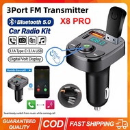 (Fast shipping) Bluetooth FM Transmitter 12V 24V Car Charger Fast Dual USB 3.1A + Type C Dengan Hand