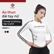 KSM Women's Long-Sleeved Round-Neck Crotop T-Shirt with 2-Stripes Printed Pattern, Dynamic Personali