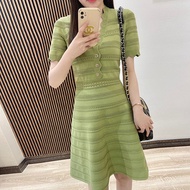 CY0X Balmain 2025 SS V-neck Slenderizing Gold Buckle A-line Dress