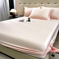 28cm Pocket Satin Pure Colour Silky Fitted BedSheet Single Queen King Super King Size Ice Silk Bedsh
