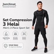 [JOM JIMAT] Men 3-Piece Compression Set Baju Sukan Lelaki Long Sleeve Shorts Tights Gym