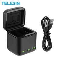 TELESIN For GoPro 12 11 10  9 3 Ways LED Light Battery Charger TF Card Storage Charging Box For GoPro Hero 9 Hero 10 Hero 11 Hero 12 Black