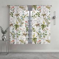 2PCS/1PC Fresh Green Wildflower & Multi‑Tone Foliage Print Sheer Curtains, Rod Pocket Light‑Filterin