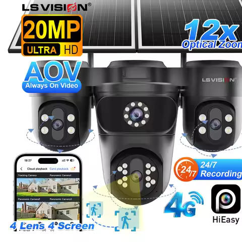 LS VISION 20MP Three PTZ Four Screens 4G AOV Solar Camera 12X Optical Zoom 24/7 Video Recording Auto