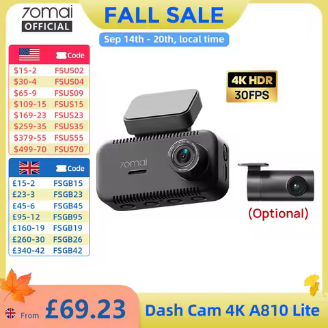 70mai Dash Cam 4K A810 Lite 4K HDR F1.55 Built-in GPS Wi-Fi 6 Voice Control 4G LTE Remote Control Ca