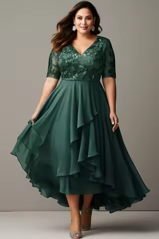 Flycurvy Plus Size Mother Of The Bride Gray Green Lace Irregular Hem Overlay Tea-length Dress Gray G