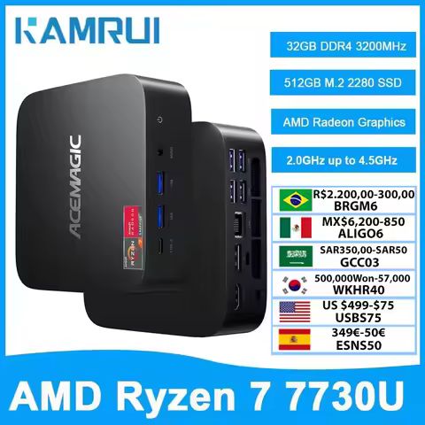KAMRUI Mini PC AMD Ryzen7 7730U 7430U 16GB LPDDR4X 512GB M.2 SSD WiFi6 Radeon Win11 Pro Mini Desktop