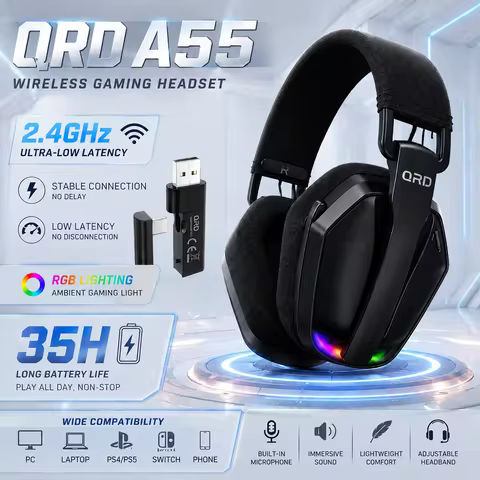 QRD A55 2.4GHz Wireless Gaming Headset with Mic for PS5 PS4 PC Mac Playstation Bluetooth Gaming head