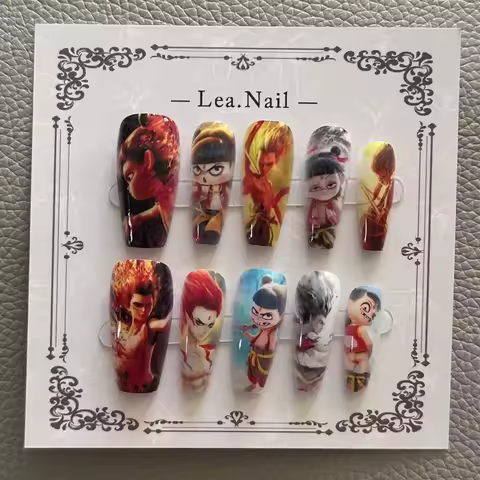 Anime Cartoon Press on Acrylic Nails Nezha's Demon Children Troubles in the Sea Handmade Nails Mediu