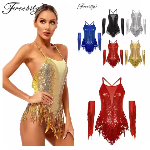 Femme Dancewear Sequins Tassel Fringed Latin Dance Leotard Metallic Costume Women Chacha Tango Jumps