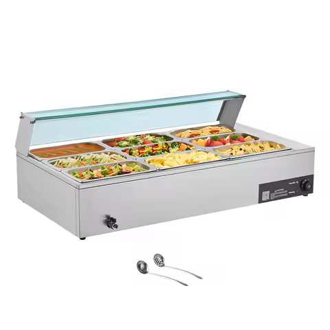 SucceBuy 9/12 Pans Commercial Food Warmer Electric Stainless Steel Steam Food Warmer with Glass Cove