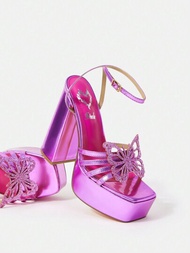 CUCCOO SZL 女士高跟蝴蝶裝飾紫色方形腳趾聚會涼鞋,帶有踝帶