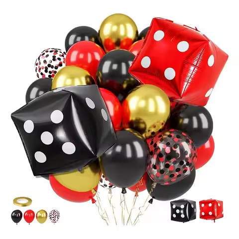 1set Casino Balloons, 12inch Black Red Metallic Gold Confetti Balloons with Dice Foil Balloons for G