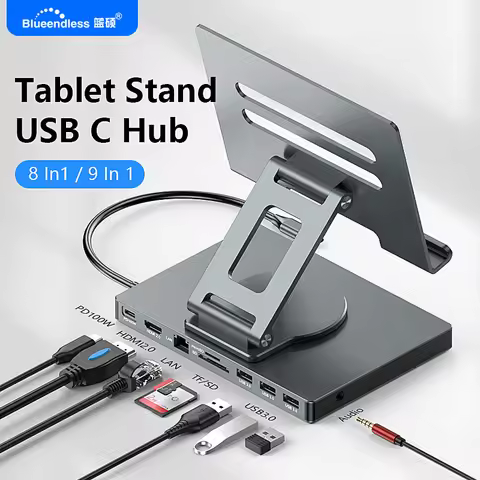 Blueendless Ipad stand USB C Hub 4K 60HZ HD Type-C 100W PD SD/TF Slot Reader USB 3.0 5Gbps 9 In 1 Ty