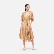 Ikat Paisley Silk Habotai Flutter Sleeve Dress - Beige