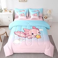 Erosebridal Teen Girl Cute Axolotl Twin Size Bedding Set Kids Pink Blue Princess 7 Pieces Comforter 