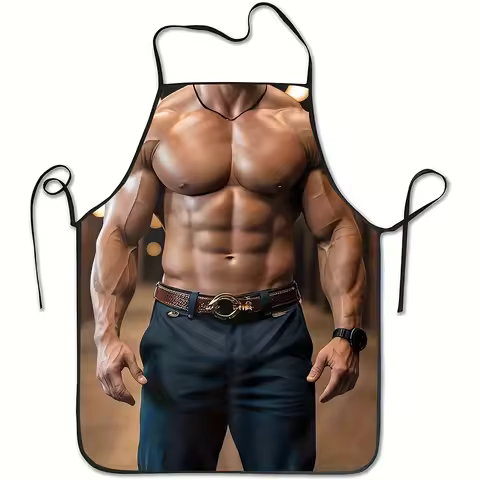 Muscle Man Apron 2D Print Waterproof Polyester Kitchen Apron Gym Theme Gift