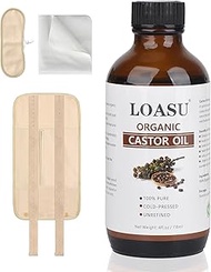 Loasu Castor Oil Pack Kit, Castor Oil Organic Cold Pressed Unrefined Glass Bottle(4fl.oz/118ml), Castor Oil Pack Wrap Organic Cotton and Organic Cotton Flannel Cloth for Liver Detox