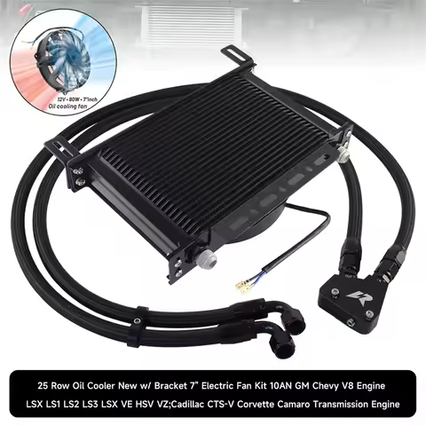 AN10 25 Row Oil Cooler+LS1 LS2 LS3 Adapterw/ Bracket 7" Electric Fan Oil Lines Kit For GM Chevy V8 E