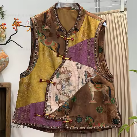 Embroidery Women's Qipao Vest New Chinese Style Tang Clothes Top Vintage Camel Satin Cheongsam Shirt