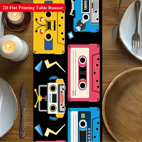 Retro Cassette Tape Table Runner 2DSingle Print Nostalgic Stylish Table Runner Home Dining Room Kitc