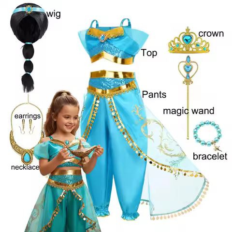Jasmine Disney Princess Dress for Girls Cosplay Aladdin Magic Lamp Costume Girl Halloween Kids Birth
