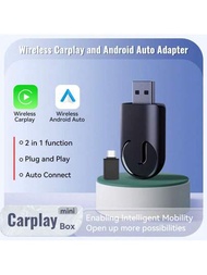 1入組mini盒子2in1無線carplay轉接器無線android Auto盒子適用於車載無線收音機,帶有有線carplay