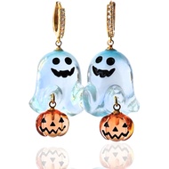 3D Cute Ghost & Pumpkin Pendant Earrings - Transparent Resin Crystal Diamond Hook, Adorable Jack-o'-
