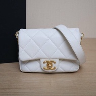 CHANEL CF口蓋包17白色荔枝牛皮晶片開金扣金幣雙皮穿鏈肩背包