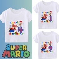 Super Mario Pure White T-shirt Cartoon Mario Game T-shirt 1-9 Digital Print Party Short Sleeve Cotton Top Birthday Gift