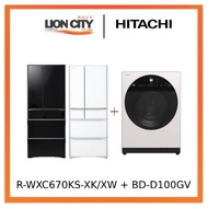 Hitachi R-WXC670KS-XK/XW Multi Door Refrigerator (500l)+Hitachi BD-D100GV Front Load Washer Dryer Wind Iron, AI Wash Inv