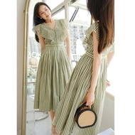 M14D011 Stripe Ruffle Midi Dress