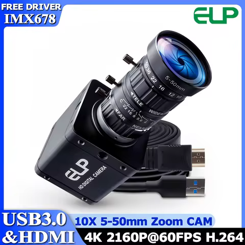 ELP 4K HDMI USB3.0 Camera 4K 60FPS H.264 IMX678 UVC Free Driver Low Light PC Webcam with 5-50mm Zoom